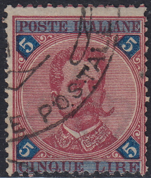 UT447 - 1891/96 - Effigie di Umberto I L. 5 carminio e azzurro usato con annullo originale (64).