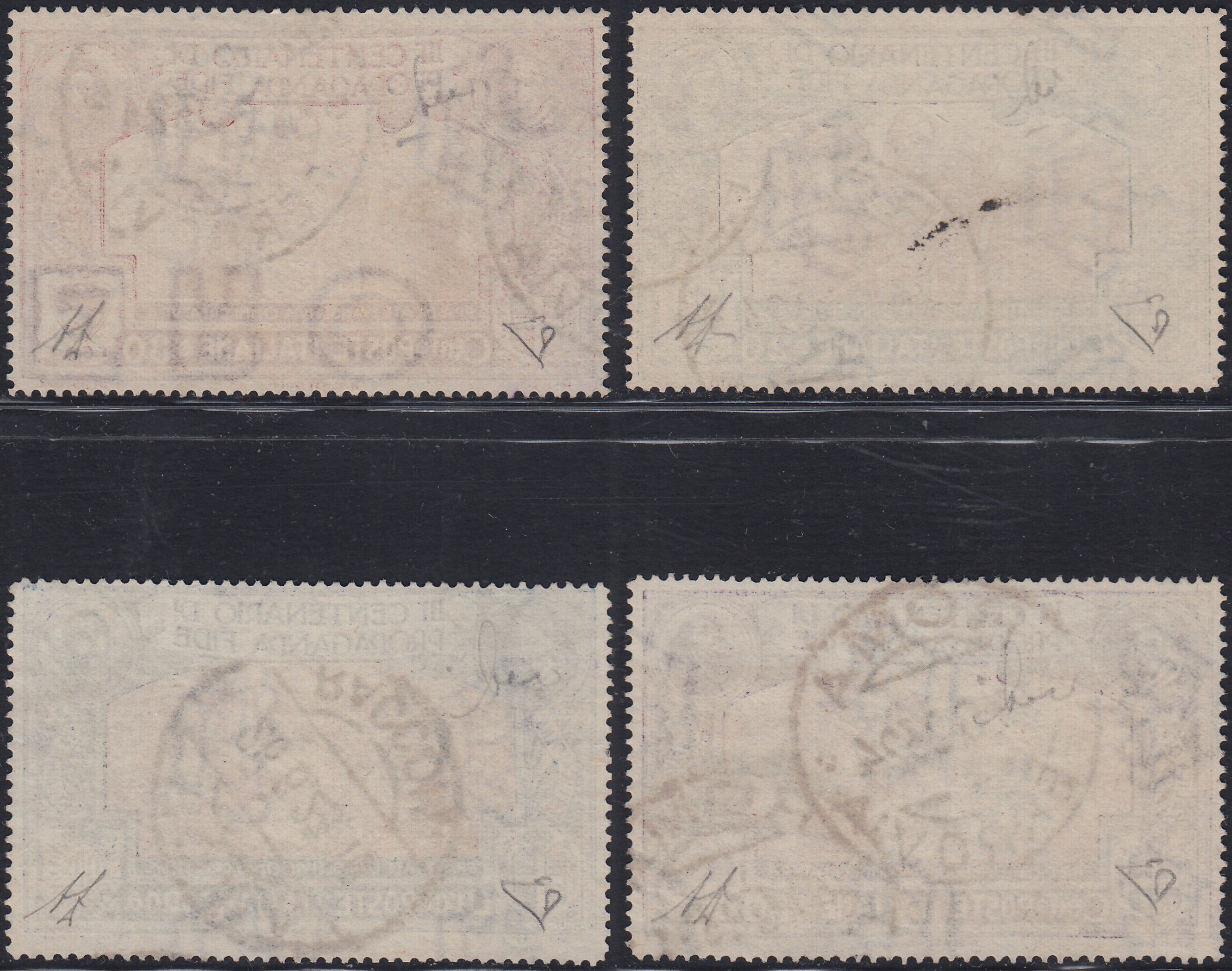 1930 – Virgilio, Ten cuttings of an advertising poster on thick cardboard with a perforated impression printed in black in the outline and diagonally the wording SAGGIO in block capitals.