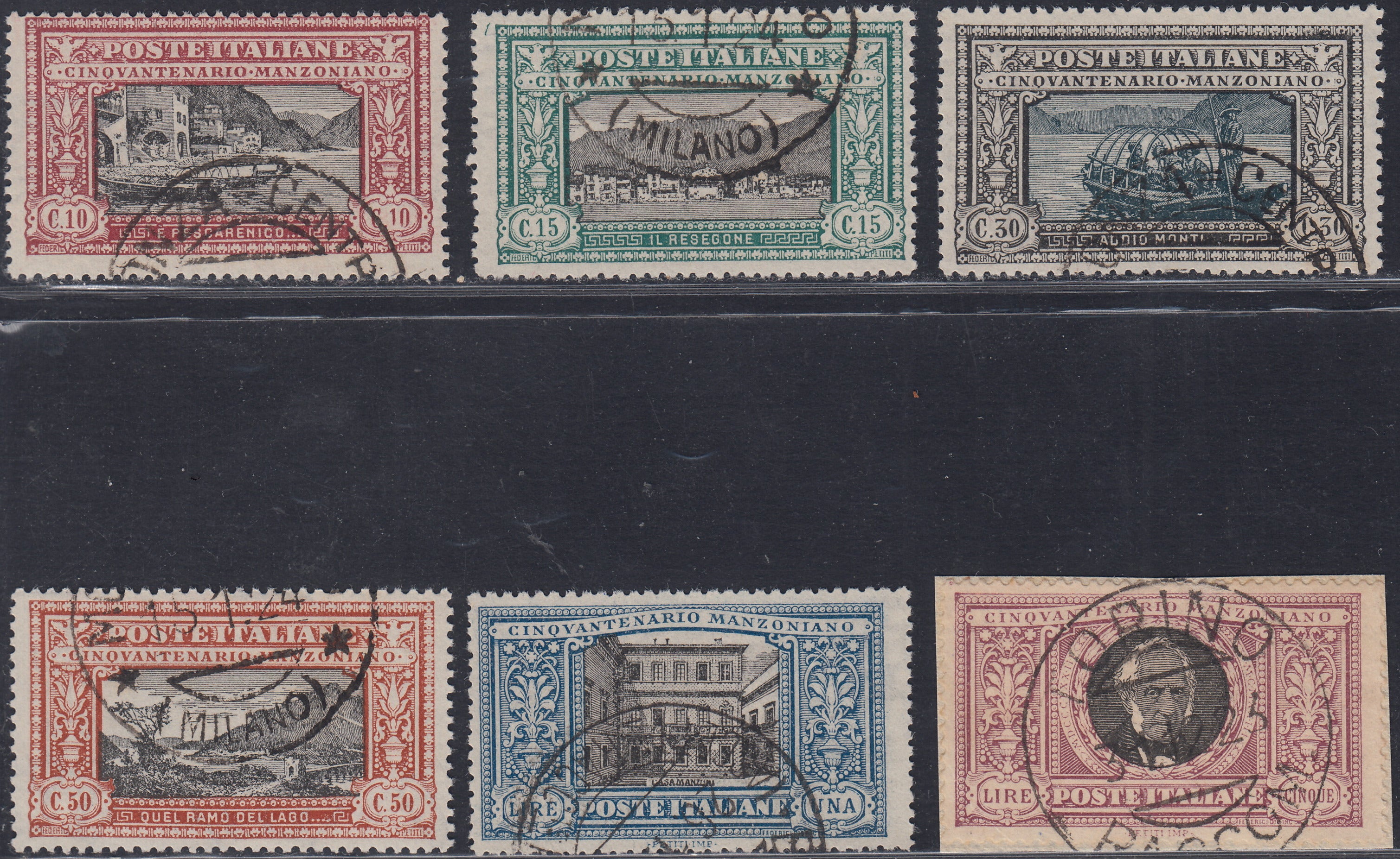 1930 – Virgilio, Ten cuttings of an advertising poster on thick cardboard with a perforated impression printed in black in the outline and diagonally the wording SAGGIO in block capitals.