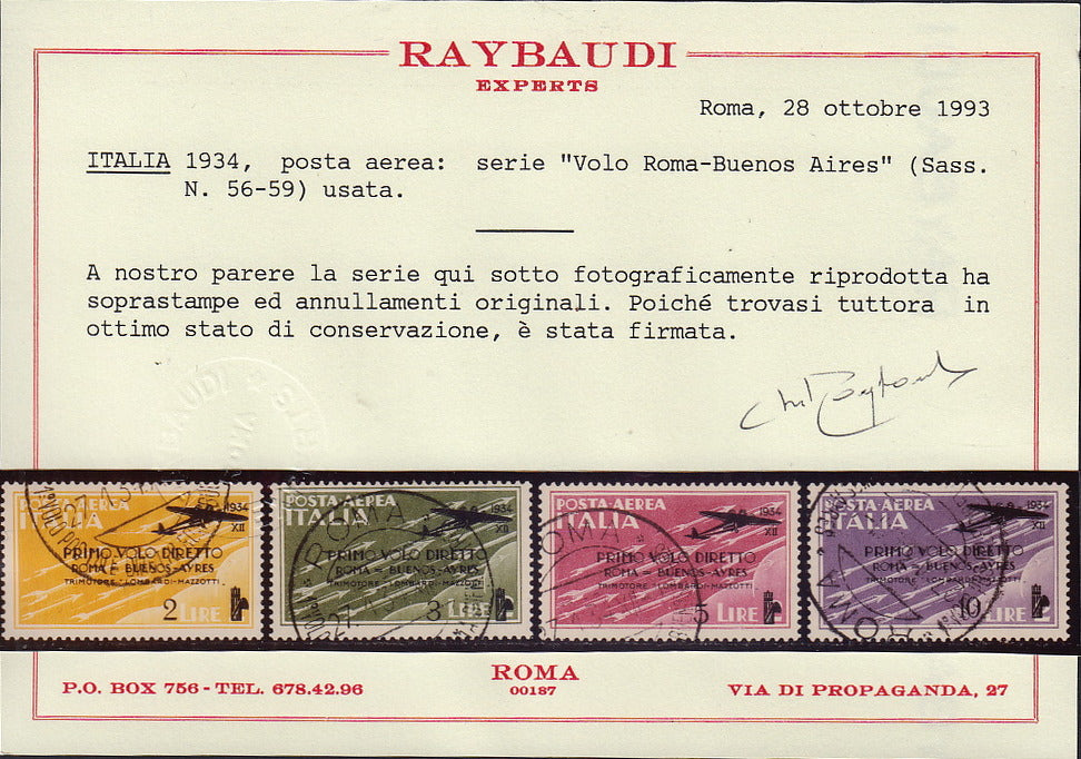 UT361 - 1934 - Volo Roma-Buenos Ayres, serie completa di quattro valori usata con annulli orignali, rara (56/59).