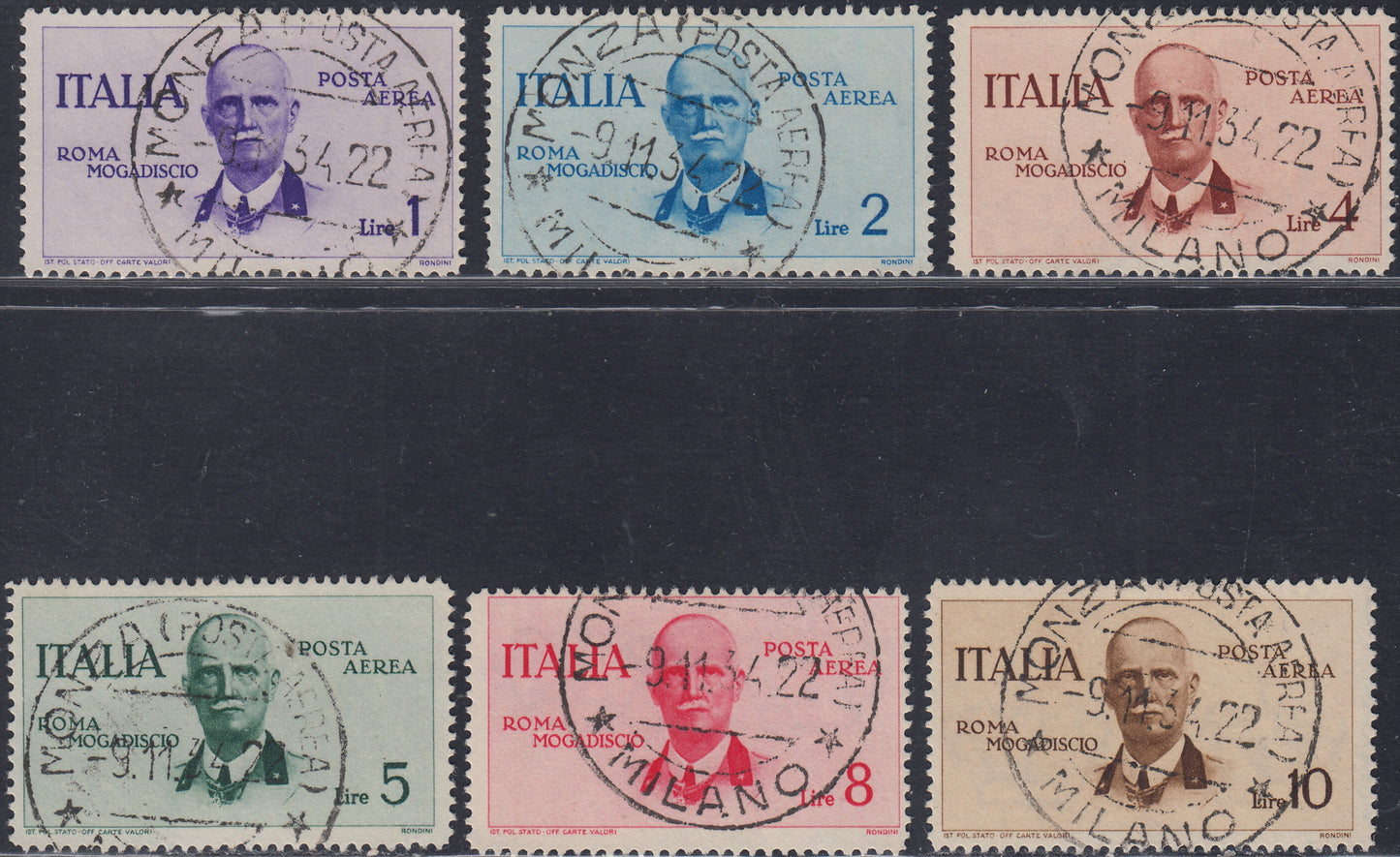 UT368 - 1934 - Volo Roma-Mogadiscio, serie completa di sei valori usata con annulli originali, rara (83/88).