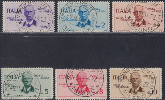 UT368 - 1934 - Volo Roma-Mogadiscio, serie completa di sei valori usata con annulli originali, rara (83/88).