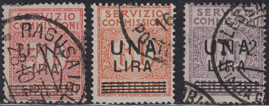 1930 – Virgilio, Ten cuttings of an advertising poster on thick cardboard with a perforated impression printed in black in the outline and diagonally the wording SAGGIO in block capitals.