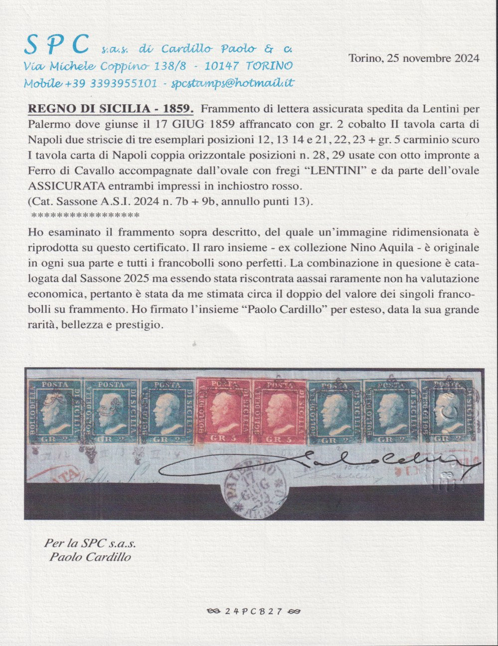 1861 - 1 black grain, copy with triple effigy, new with original rubber (19 AD). Cardillo certificate.