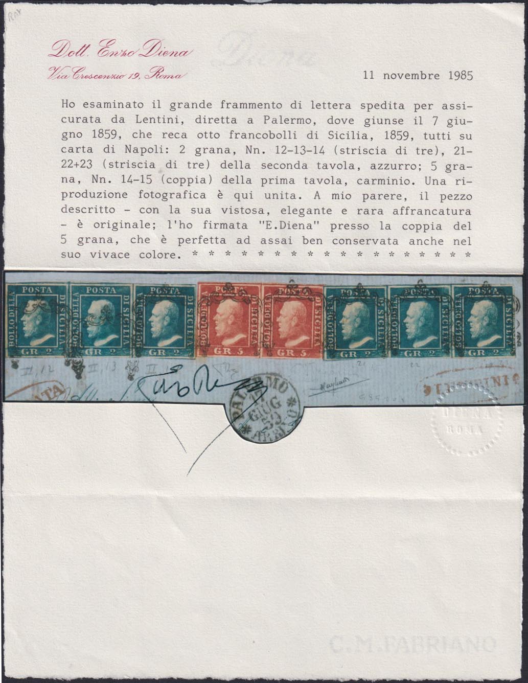 1861 - 1 black grain, copy with triple effigy, new with original rubber (19 AD). Cardillo certificate.