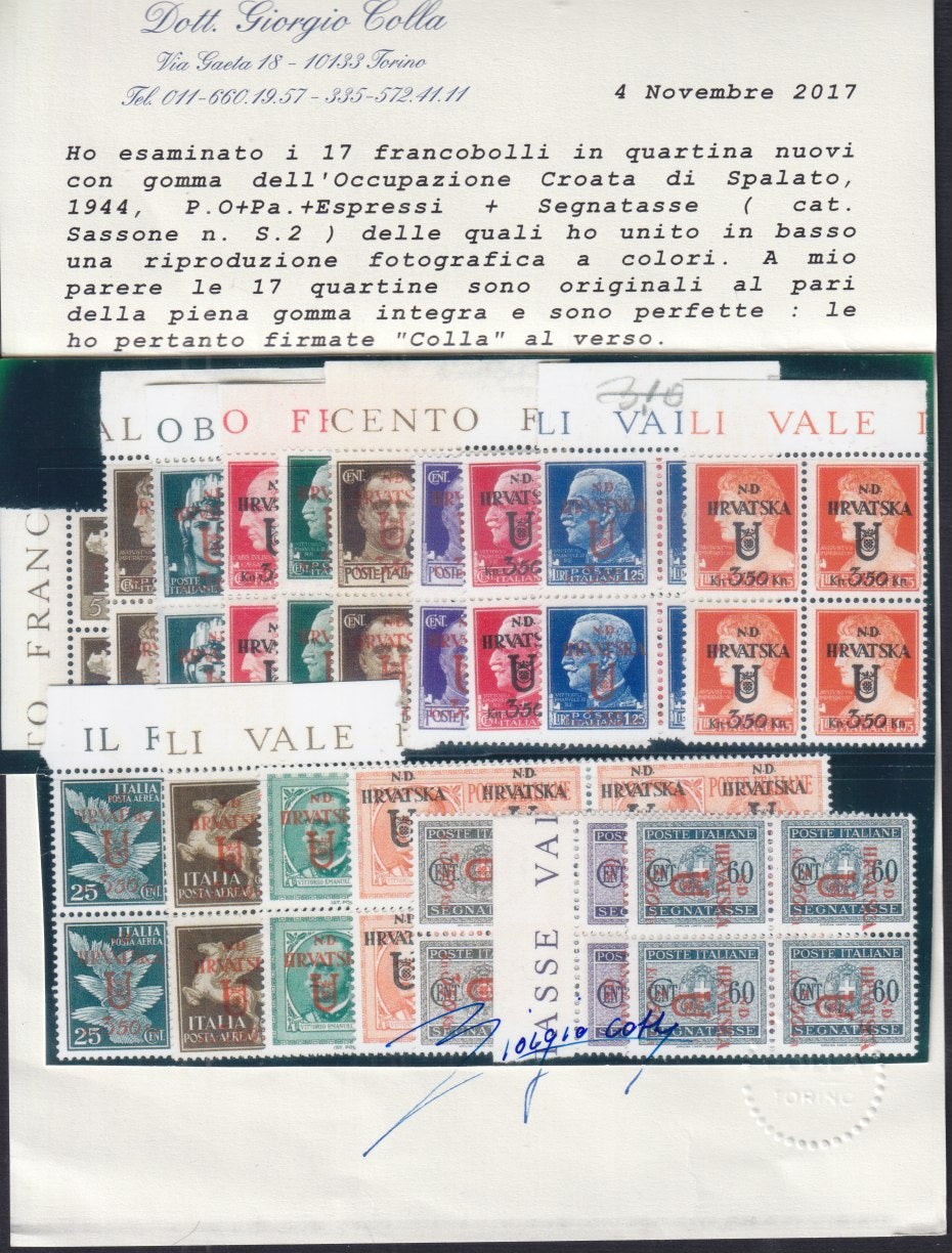 E12_544 - Occupazione Croata, emissione di Spalato serie completa in blocchi di quattro esemplari nuovi gomma integra, rarissima e bellissima! (6/22)
