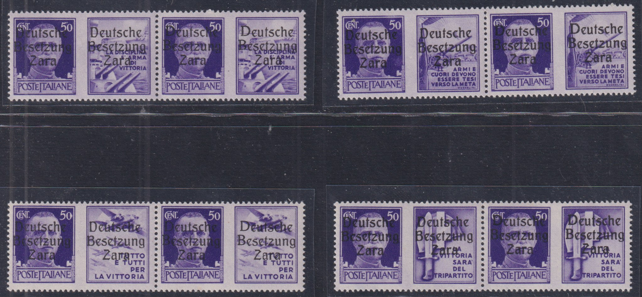E12_557 - 1943 - Occupazione tedesca di Zara, Propaganda di guerra, serie di 4 valori in coppie orizzontali di tipo differente (Gotico + Elzeviro) nuove integre (20/23)