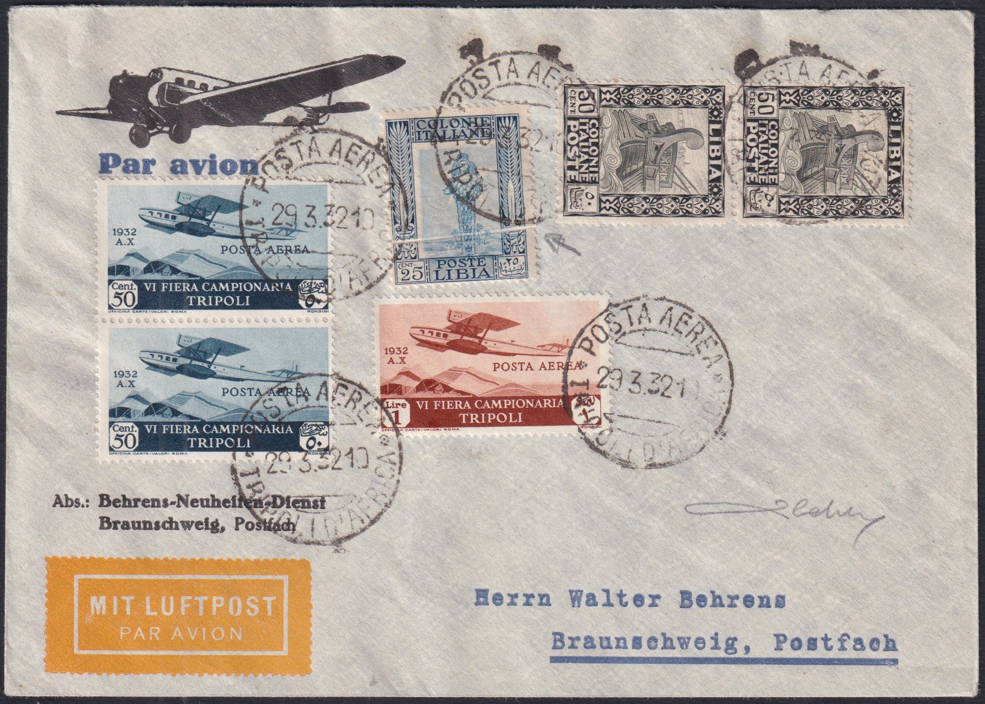 E12_572 - 1932 - Libia 25c. azzurro e celeste + 50c. nero e oliva coppia verticale + VI Fiera di Tripoli Posta Aerea 50c. x 2 + L. 1 x 2 (49,51, A4, A5)