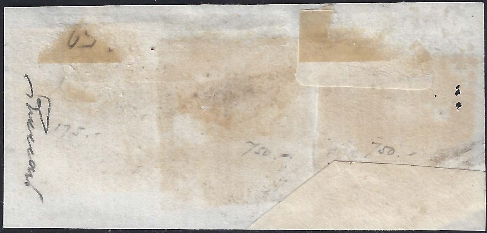 ROM15 - 1859 - Governo Provvisorio delle Romagne, frammento affrancato con 2 baj giallo + 5 baj violetto 2 esemplari, RARO (3 + 6 + 6)
