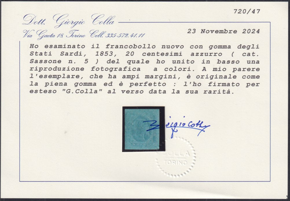 E13_138 - 1853 - II emissione, c. 20 azzurro nuovo con gomma originale, grande rarità (5)