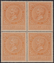 BA25_340 - 1874 - Francobollo di Ricognizione Postale, c. 10 ocra arancio blocco di 4 esemplari nuovo gomma integra (1)