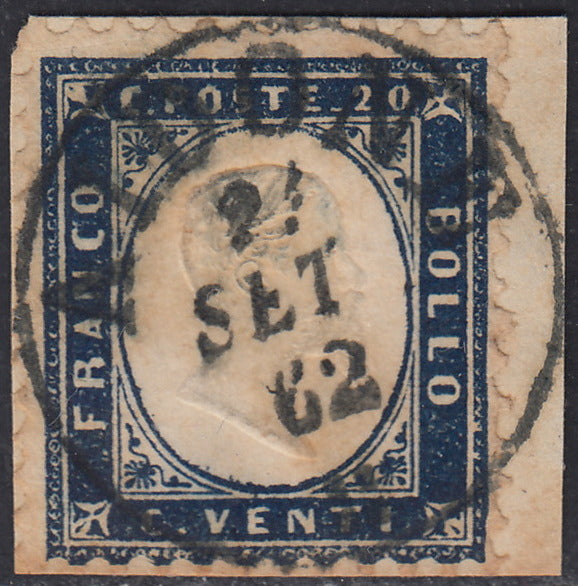 VEII_85 - 1862 - Emissione dentellata, c. 20 indaco usato su frammento con impronta di Aidone (2, p.ti R1)