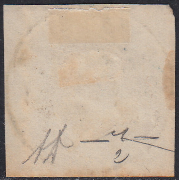 VEII_85 - 1862 - Emissione dentellata, c. 20 indaco usato su frammento con impronta di Aidone (2, p.ti R1)