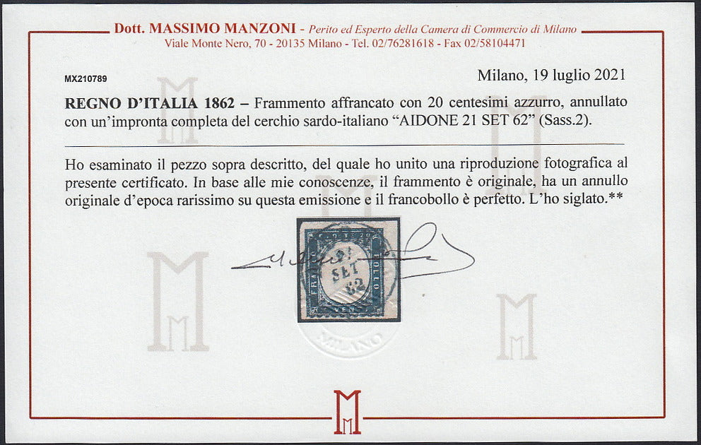 VEII_85 - 1862 - Emissione dentellata, c. 20 indaco usato su frammento con impronta di Aidone (2, p.ti R1)