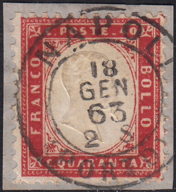 UT679 - 1863 - Emissione dentellata, c. 40 carminio usato Napoli (Porto) 18/1/63 (3, P.ti 12)