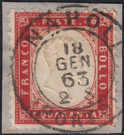 UT679 - 1863 - Emissione dentellata, c. 40 carminio usato Napoli (Porto) 18/1/63 (3, P.ti 12)
