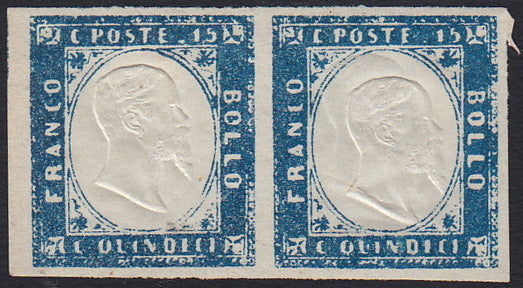 UT98 - 1863 - Emissione litografica tipo Sardegna c.15 cobalto latteo coppia orizzontale di cui un esemplare doppia effigie, nuova con gomma (11c, 11k)