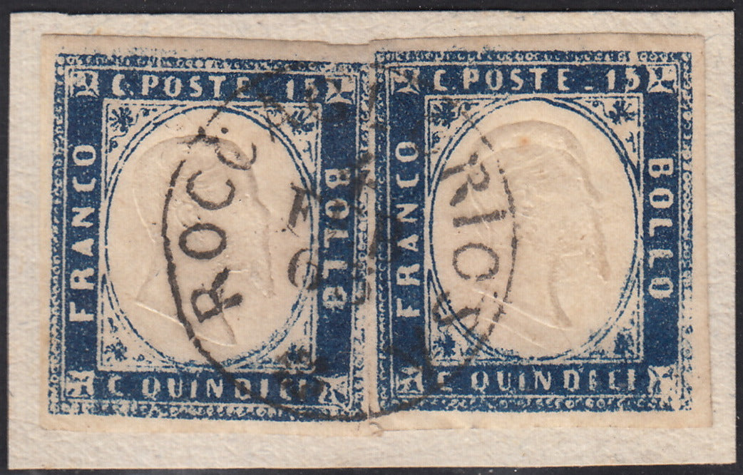 UT813 - 1863 - Emissione litografica tipo Sardegna c.15 indaco due esemplari su frammento ROCCAGLORIOSA (11g)