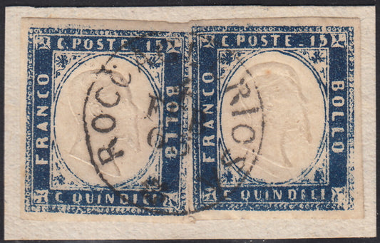 UT813 - 1863 - Emissione litografica tipo Sardegna c.15 indaco due esemplari su frammento ROCCAGLORIOSA (11g)