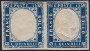 UT97 - 1863 - Emissione litografica tipo Sardegna c.15 azzurro coppia orizzontale di cui un esemplare senza effigie, nuova con gomma (11n)