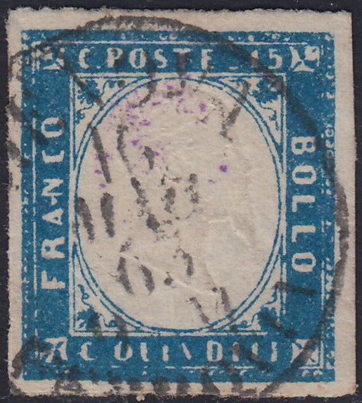 UT281 - 1863 - Emissione litografica tipo Sardegna c.15 celeste latteo usato (11d).