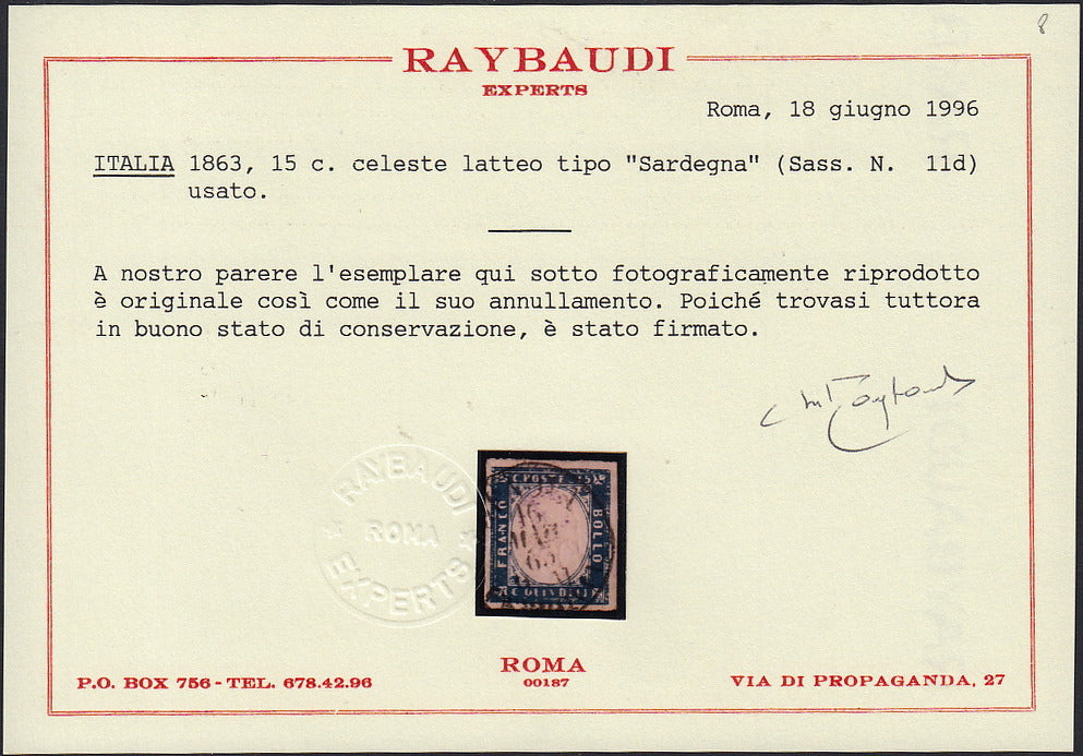 UT281 - 1863 - Emissione litografica tipo Sardegna c.15 celeste latteo usato (11d).