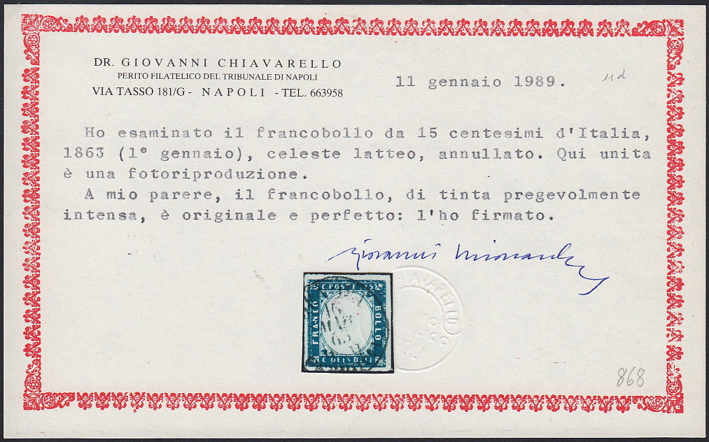 UT281 - 1863 - Emissione litografica tipo Sardegna c.15 celeste latteo usato (11d).
