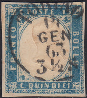 UT256 - 1863 - Emissione litografica tipo Sardegna c.15 celeste latteo grigiastro usato (11da).