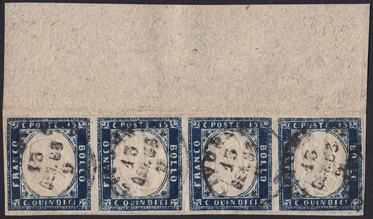 UT54 - 1863 - Emissione litografica tipo Sardegna c.15 indaco con riflessi violaceo striscia di 4 esemplari usata su frammento (11g)