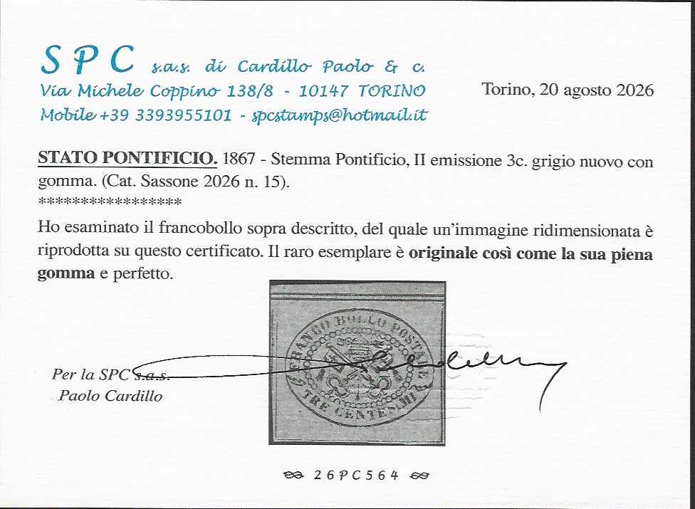 Lotto 148 - 1867 - II emissione c. 3 grigio nuovo con gomma originale, raro e splendido (15)
