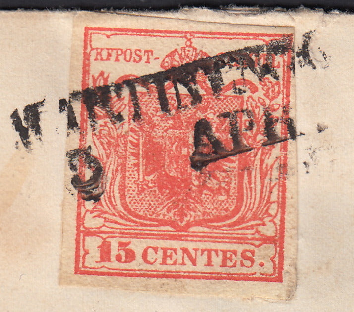 Lotto 295 - 1850 - Lettera da Martinengo per Milano affrancata con c. 15 rosso carminio (n. 3c, p.ti 12)