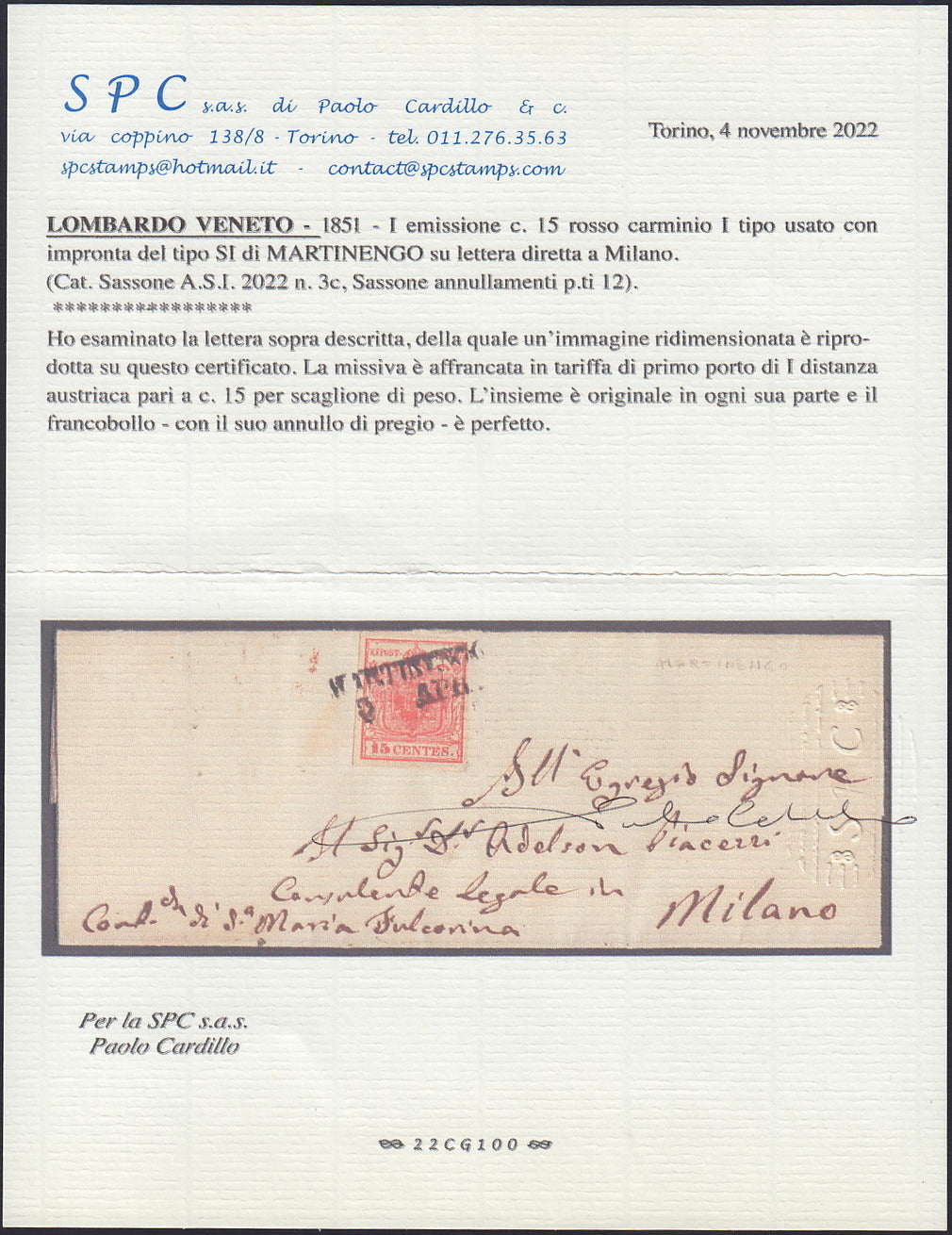 Lotto 295 - 1850 - Lettera da Martinengo per Milano affrancata con c. 15 rosso carminio (n. 3c, p.ti 12)