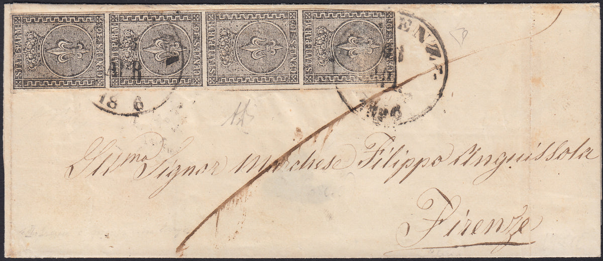 Lotto 298 - 1856 - Lettera spedita da Piacenza per Firenze affrancata con c. 10 nero striscia verticale di 4 (2)