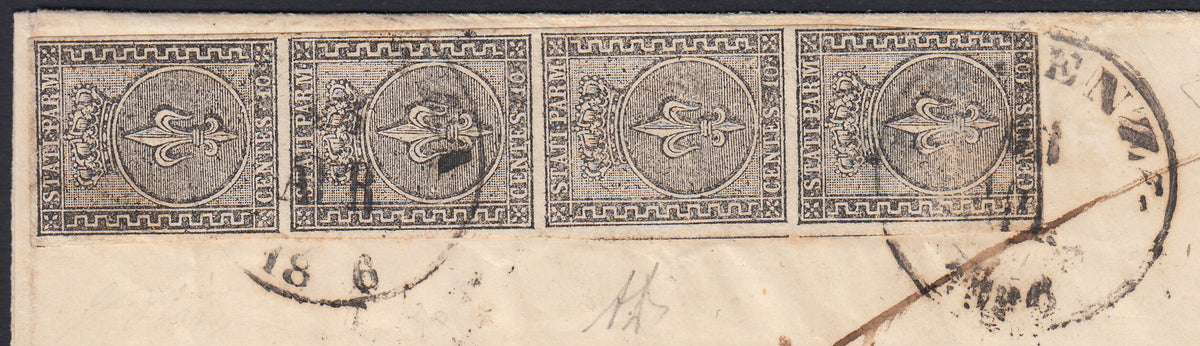 Lotto 298 - 1856 - Lettera spedita da Piacenza per Firenze affrancata con c. 10 nero striscia verticale di 4 (2)