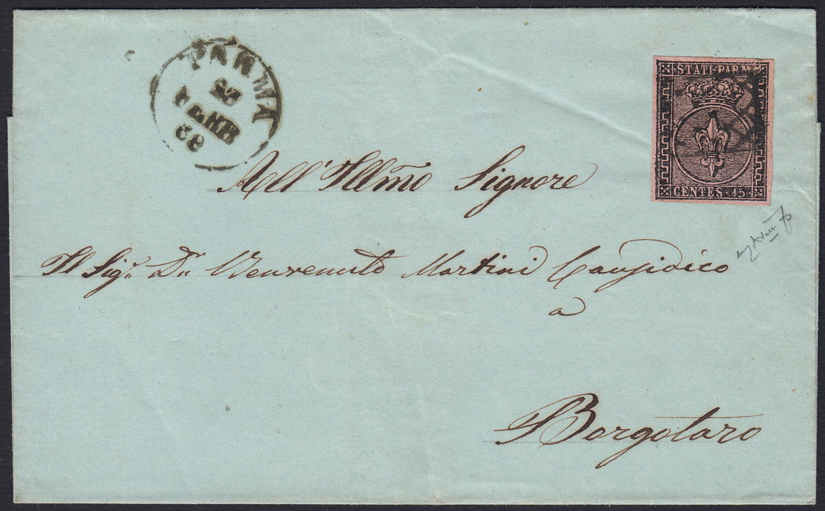 Lotto 299 - 1856 - Lettera spedita da Parma per Borgotaro 23/2/58 affrancata con c. 15 rosa usato con la griglietta nera (3, p.ti R3)
