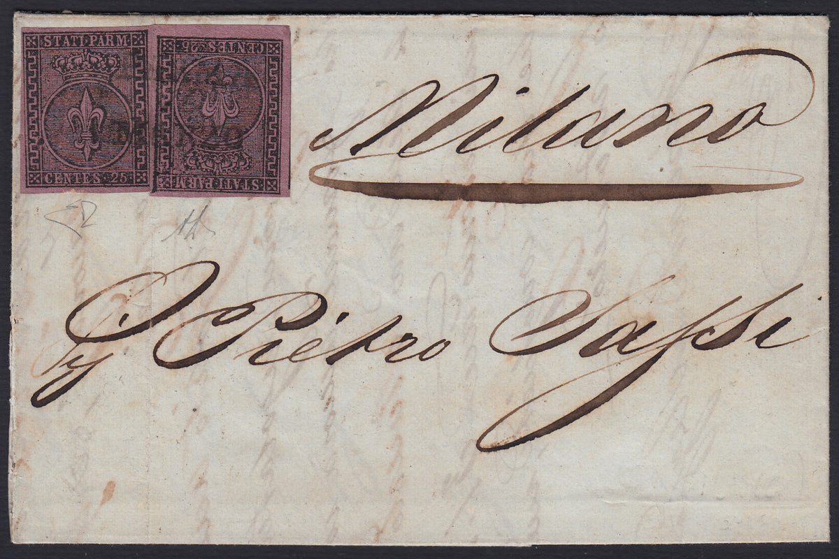 Lotto 300 - 1853 - Lettera spedita da Parma per Milano 11/3/53 affrancata con c. 25 violetto du eesemplari (4)