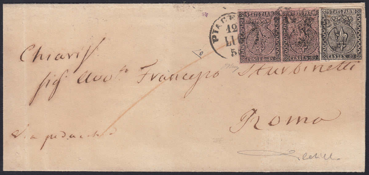 Lotto 301 - 1858 - lettera spedita da Piacenza per Roma affrancata con c. 10 + c. 15 due esemplari, rarissima combinazione di valori non catalogata (2 + 3 + 3)
