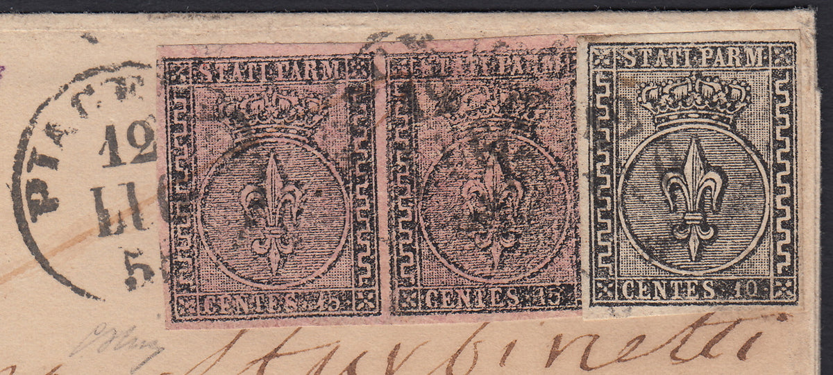 Lotto 301 - 1858 - lettera spedita da Piacenza per Roma affrancata con c. 10 + c. 15 due esemplari, rarissima combinazione di valori non catalogata (2 + 3 + 3)
