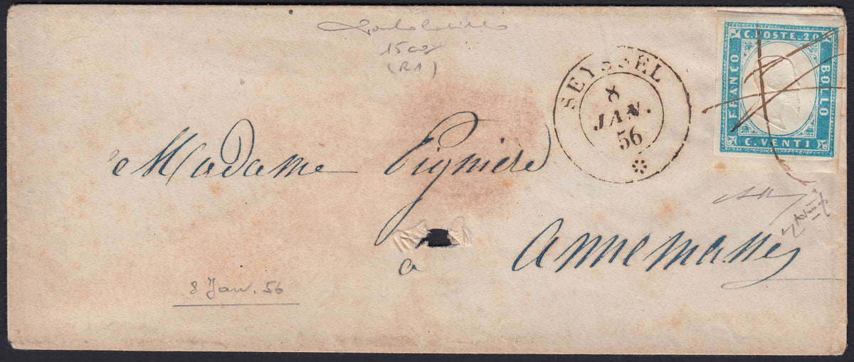 BA26_186 - 1862 - Brief von Turin nach Lyon versandt 7/8/63 frankiert mit c. 40 karminrot zwei Exemplaren (16D)