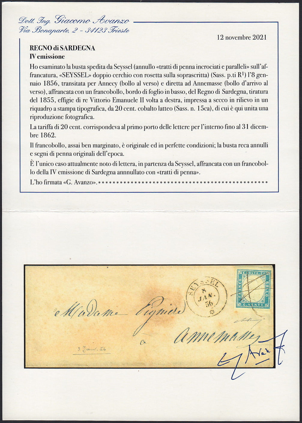 BA26_186 - 1862 - Brief von Turin nach Lyon versandt 7/8/63 frankiert mit c. 40 karminrot zwei Exemplaren (16D)