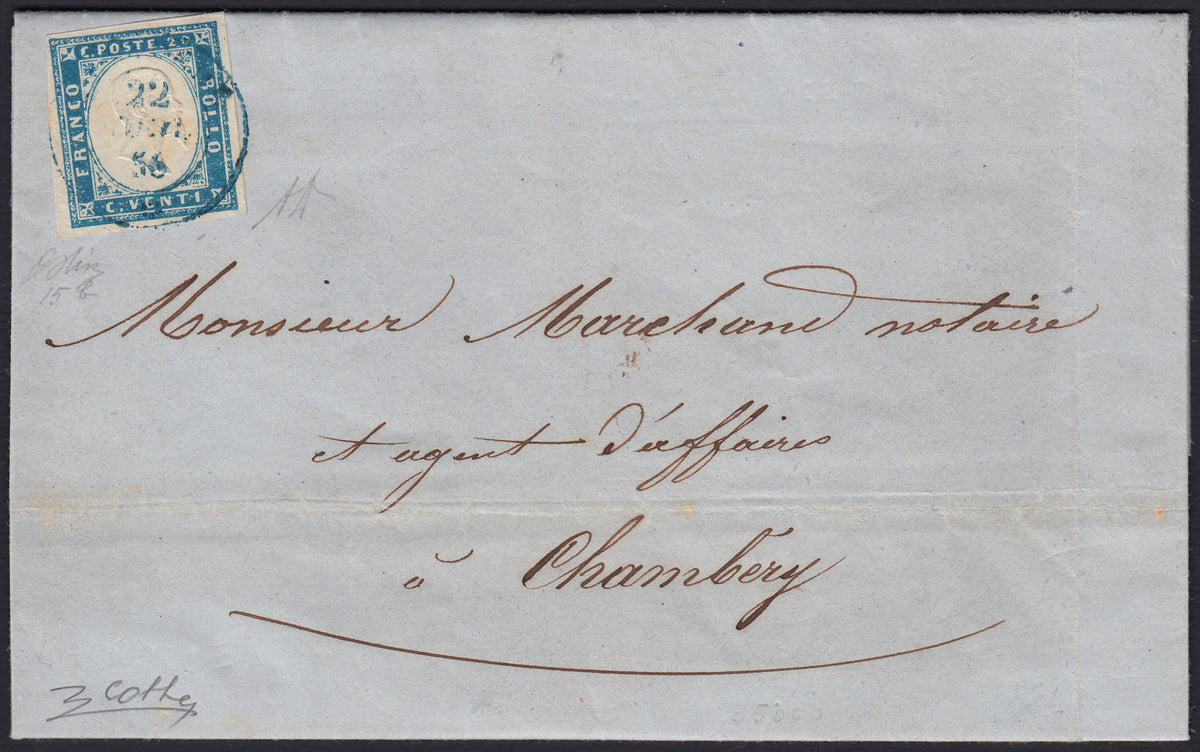 BA26_186 - 1862 - Brief von Turin nach Lyon versandt 7/8/63 frankiert mit c. 40 karminrot zwei Exemplaren (16D)