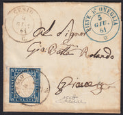 Lotto 306 - 1861 - lettera spedita da Cesio per Pieve d'Oneglia 4/6/61 affrancata con c. 20 azzurro I tavola (15Ca, p.ti 12)