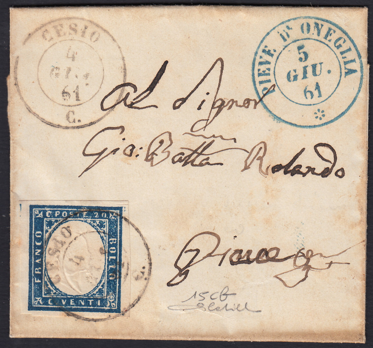 Lotto 306 - 1861 - lettera spedita da Cesio per Pieve d'Oneglia 4/6/61 affrancata con c. 20 azzurro I tavola (15Ca, p.ti 12)