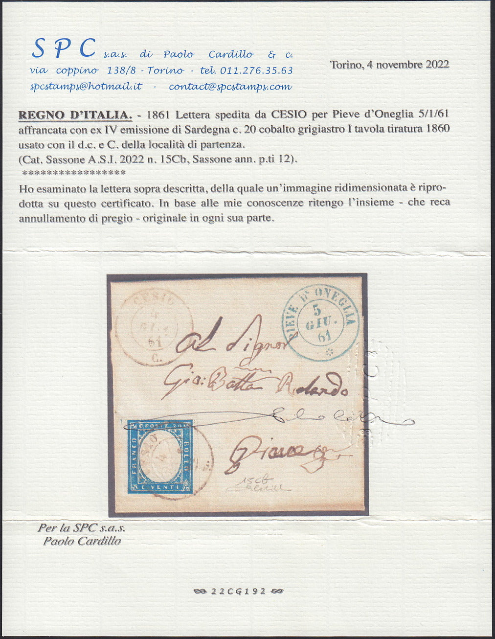 Lotto 306 - 1861 - lettera spedita da Cesio per Pieve d'Oneglia 4/6/61 affrancata con c. 20 azzurro I tavola (15Ca, p.ti 12)