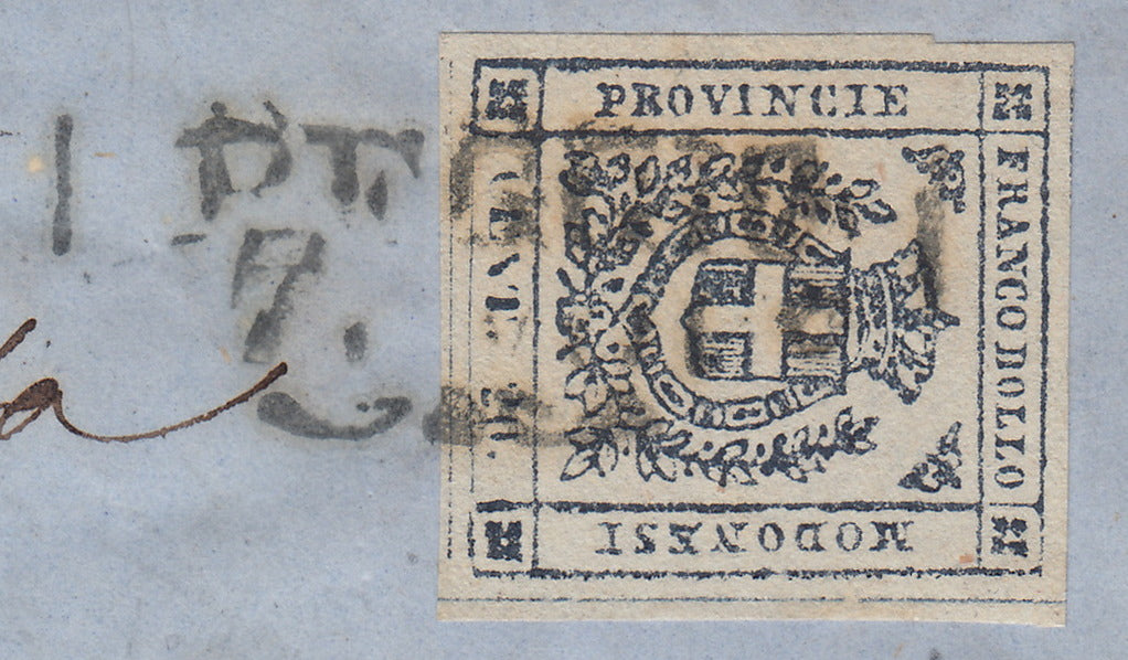 BS - 1859 - Scudo di Savoia sormontato da corona Reale, c 20 violetto scuro usato su busta da Reggio a Milano 7/11/59 (15b)