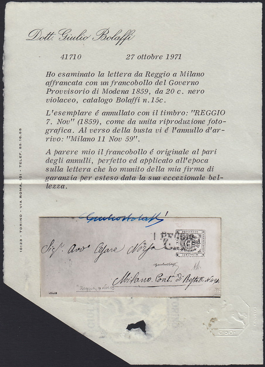 MSP27 - 1859 - Savoy shield topped by Royal crown, c 20 violet slate, used on cover from Modena to Verona 31/12/59 (15).