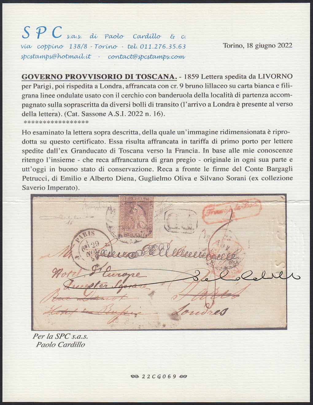 GPTSP27 - 1860 - Brief von Florenz nach Scarperia, frankiert mit c. 10 dunkelbraun (19b)
