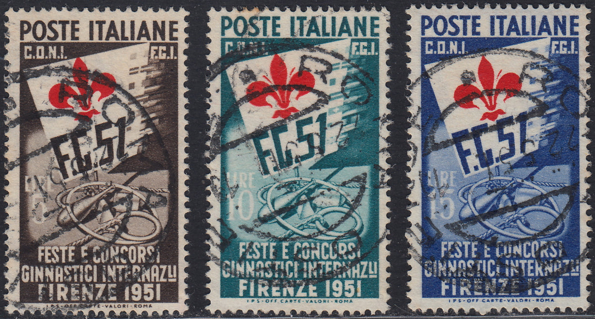 UT264 - 1951 - Feste e Concorsi Ginnici Internazionali a Firenze, serie completa di tre valori usati (661/663)