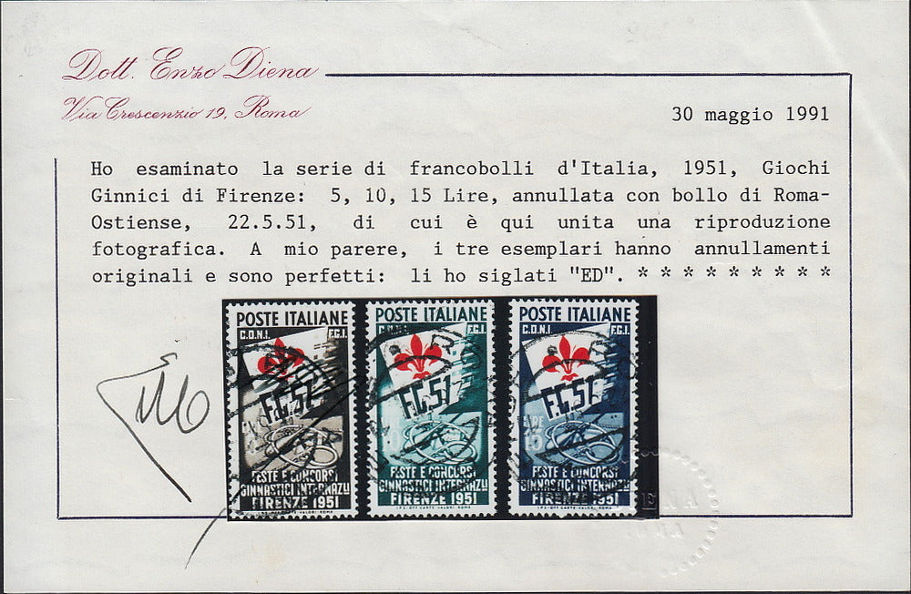 UT264 - 1951 - Feste e Concorsi Ginnici Internazionali a Firenze, serie completa di tre valori usati (661/663)
