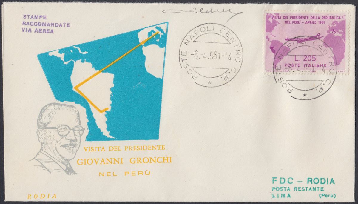 ♾️ Non soggetto a sconti - REPSP9 - 1961 - Visita del Presidente Gronchi, 205 L. lilla rosa usato su FDC RODIA da Napoli Centro 8/4/1961 (921)